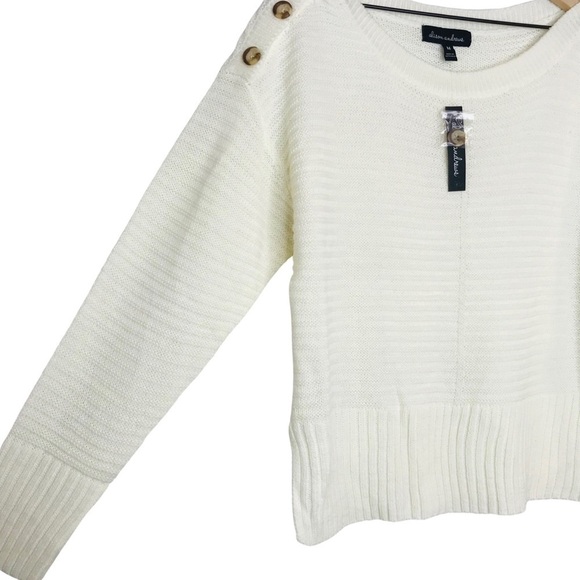 New! Ribbed Knit Boatneck Shoulder Buttons Split Hem Ivory Cream Sweater - Picture 8 of 11